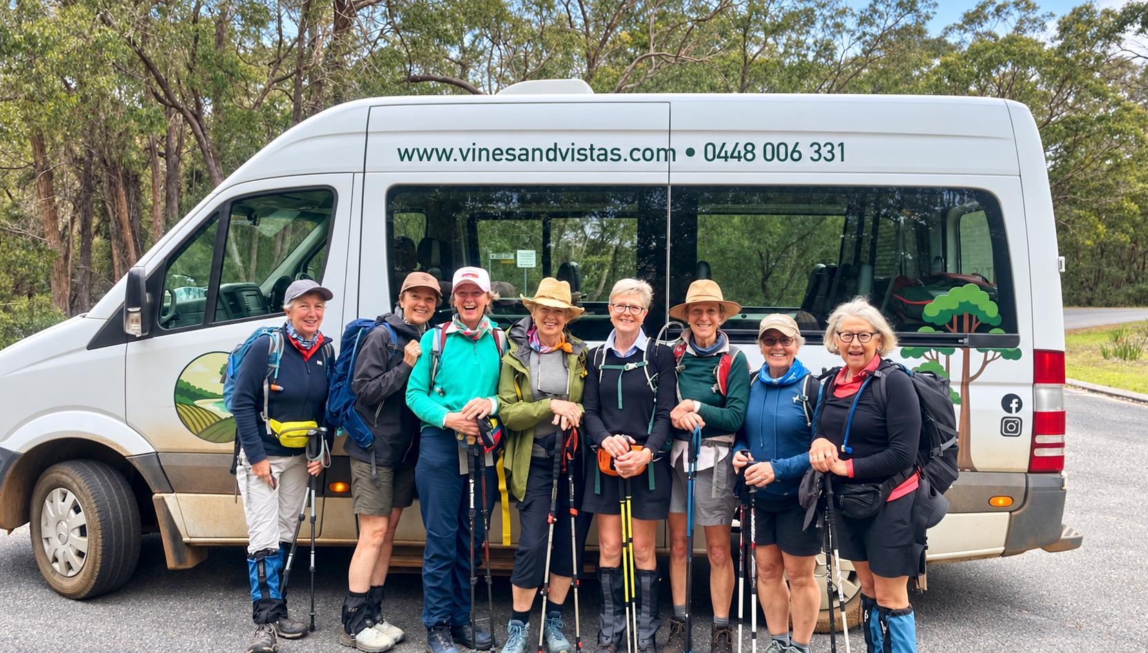 A group of walkers with backpacks and hiking poles beside the Vines and Vistas trail transfer van